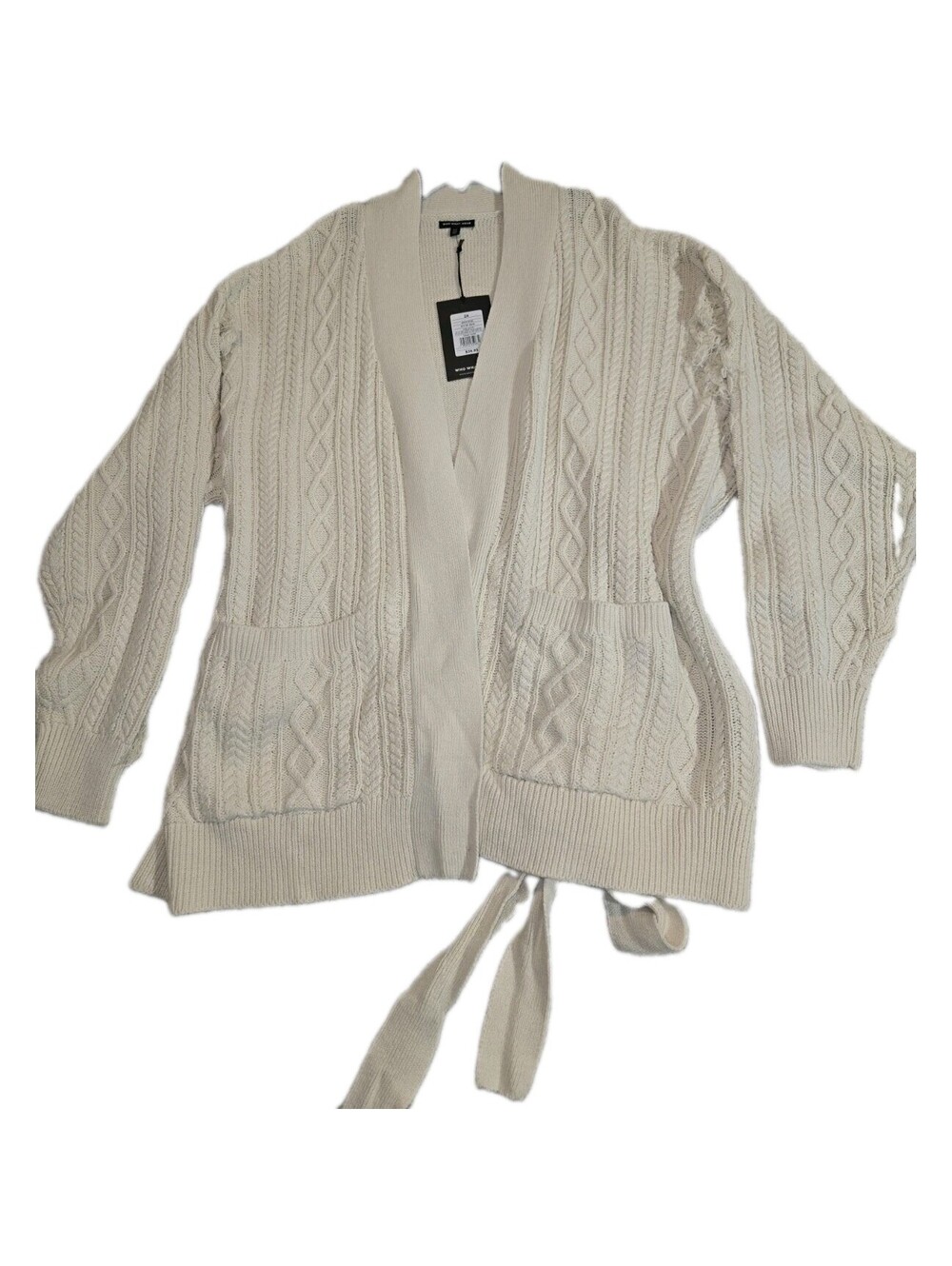 who what Where Cardigan NWT Sz 2X Cable-knit Fringe On Sleeves Fisherman Cottage